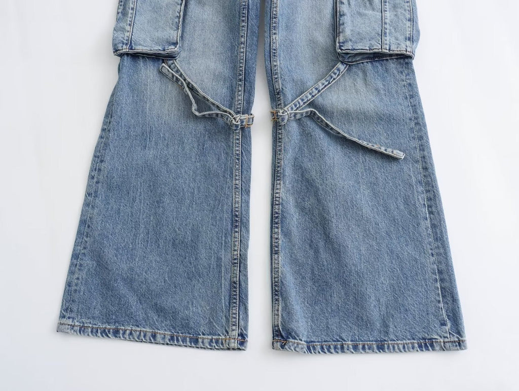 Y2K High Waist Wide Leg Denim Cargo Pants - Blue & Grey - Image 2