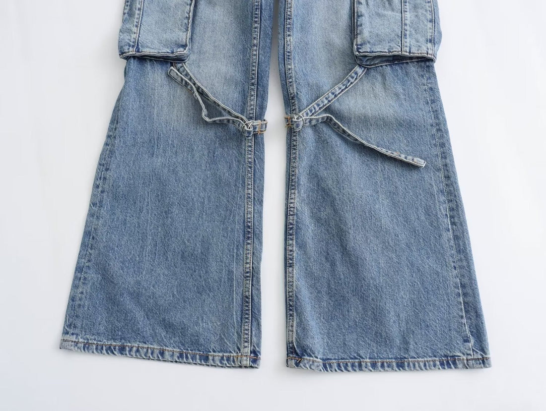 Y2K High Waist Wide Leg Denim Cargo Pants - Blue & Grey - Image 2