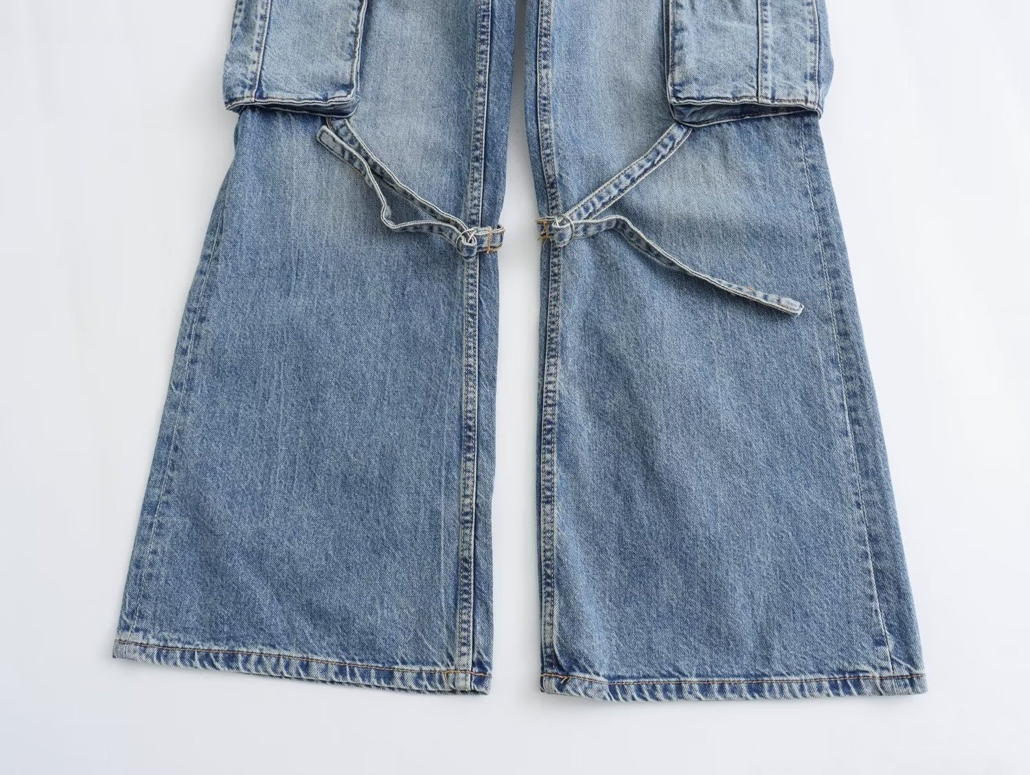 Y2K High Waist Wide Leg Denim Cargo Pants - Blue & Grey - Image 2