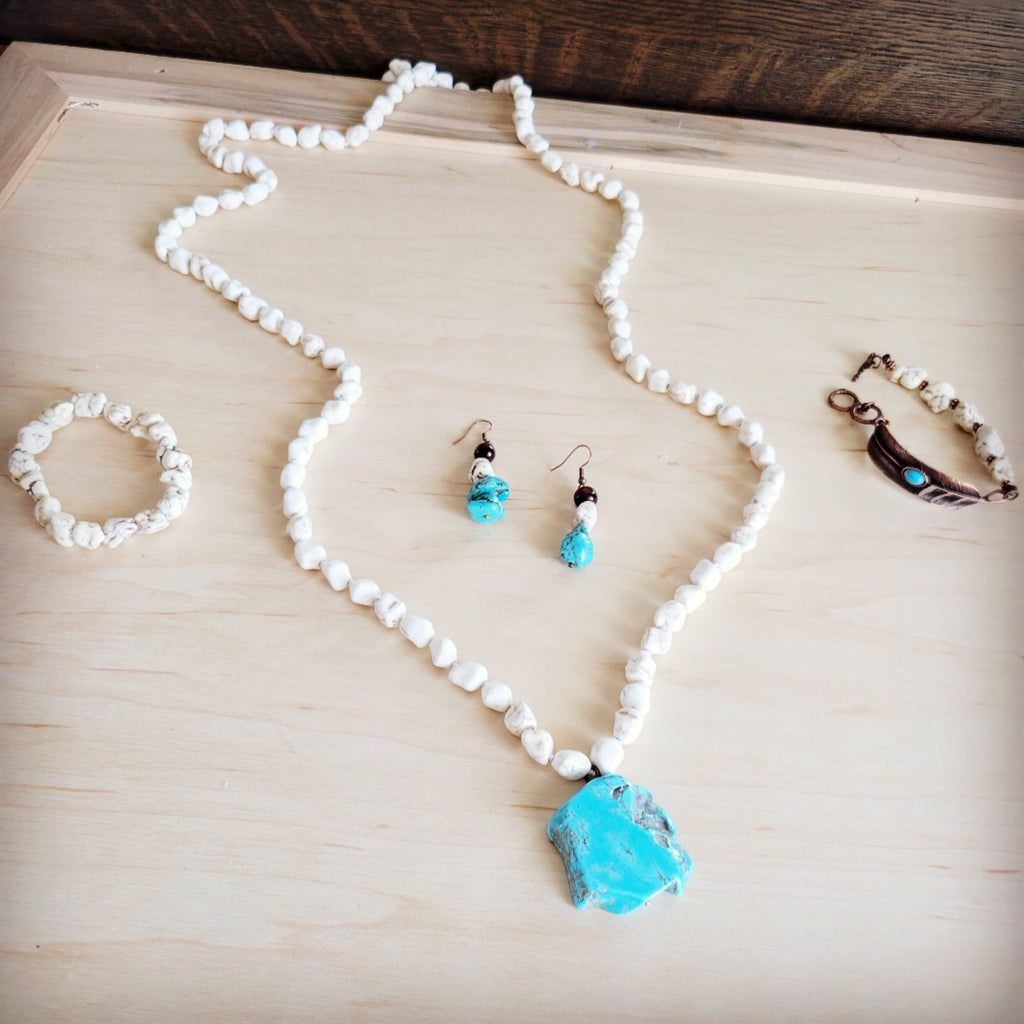 Long White Turquoise Beaded Necklace with Blue Slab Pendant - Image 6