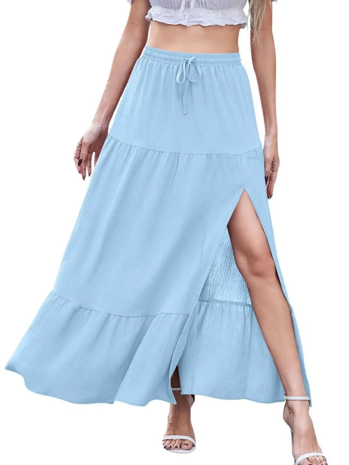 White Tiered Ruffled Maxi Skirt with Side Slit - Image 8