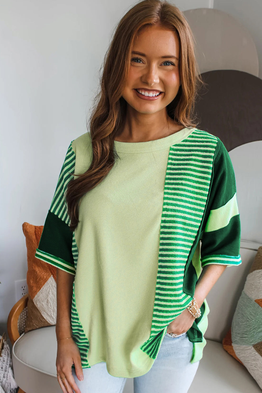 Mint Green Striped Patchwork 3/4 Sleeve Knit Top