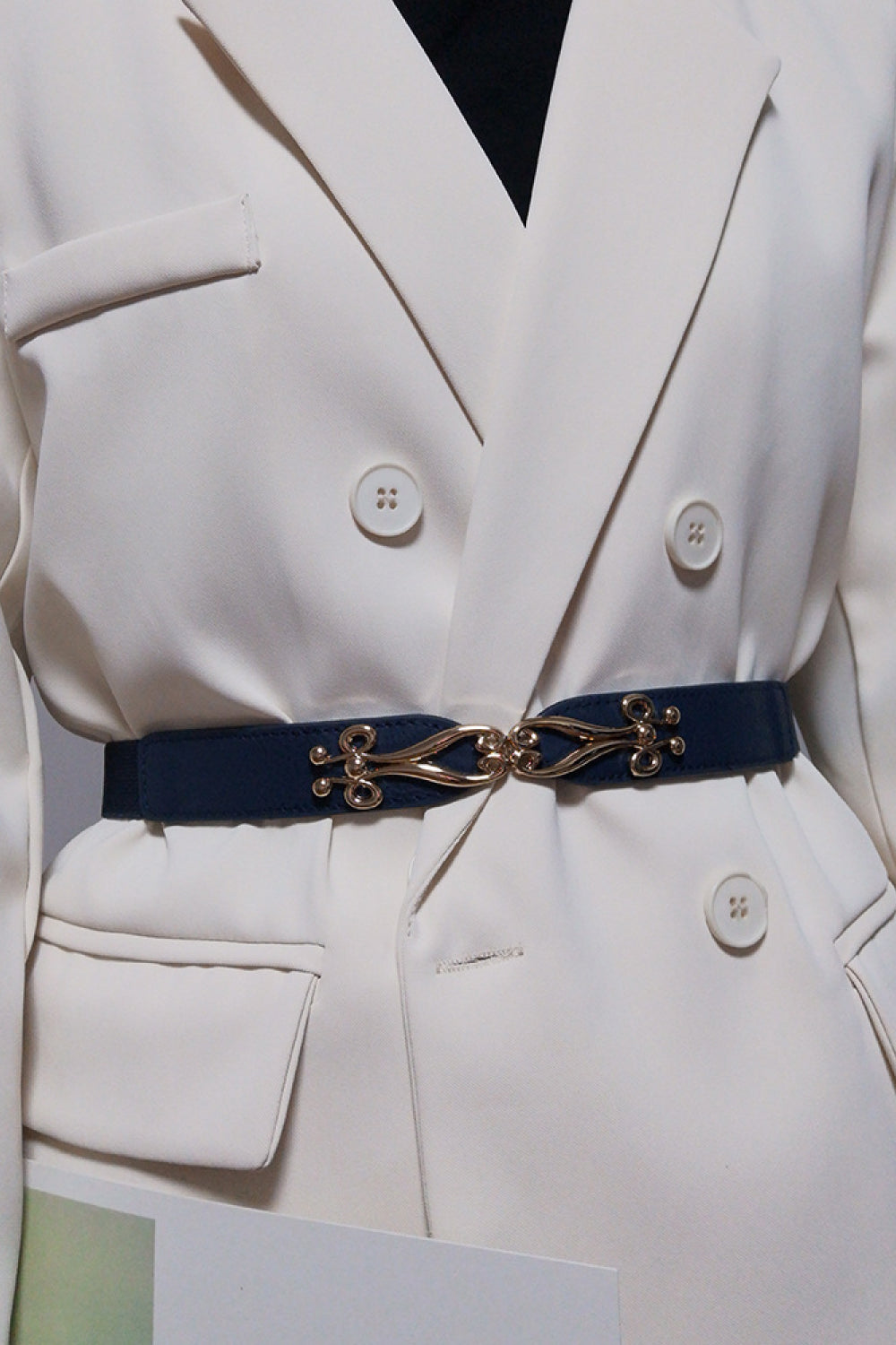 Alloy Buckle Elastic Belt | Durable PU in Navy & Gold