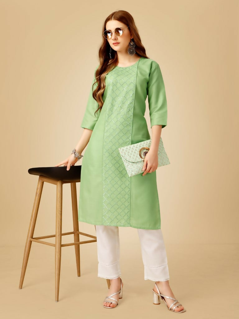Lime Green knee-length kurta set with sequence and embroidery