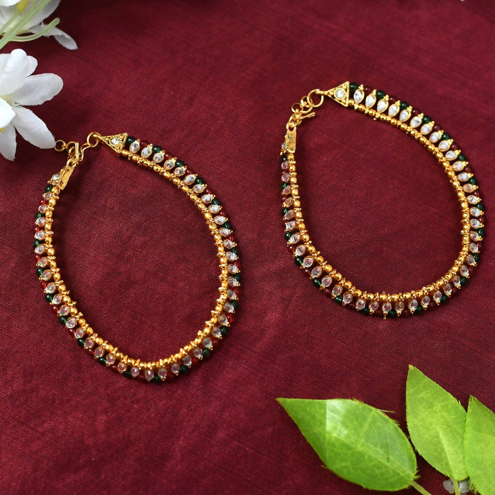 Multi Kundan Gold-Plated Traditional Anklets for Women Boho Payal