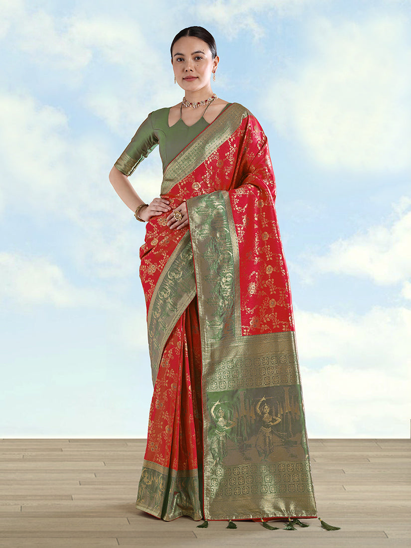 Elegant red Banarasi silk saree with detailed gold zari woven patterns and a zari border.