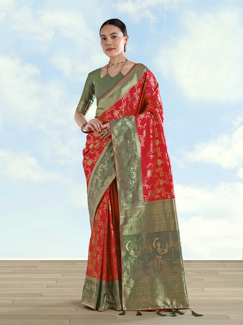 Red Banarasi Silk Saree with Zari Woven Design and Gold Border
