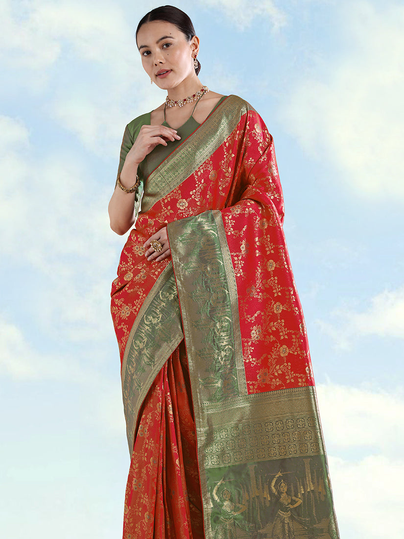 Red Banarasi Silk Saree with Zari Woven Design and Gold Border