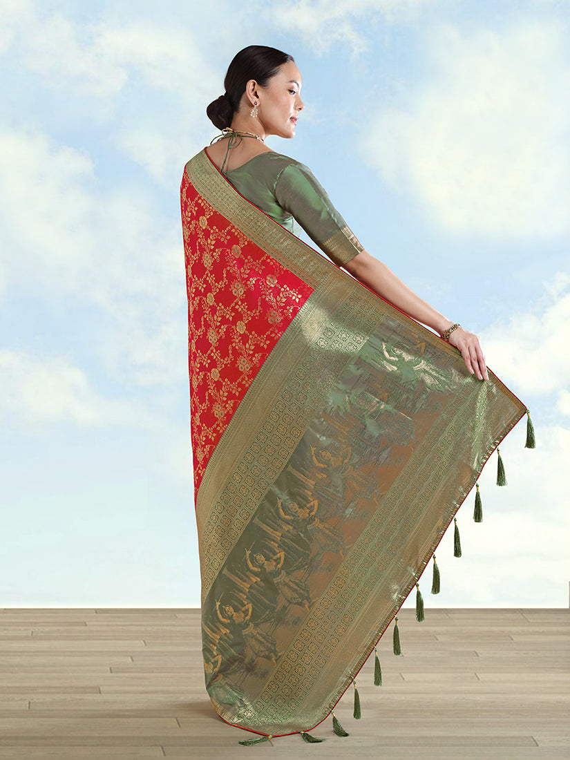 Red Banarasi Silk Saree with Zari Woven Design and Gold Border