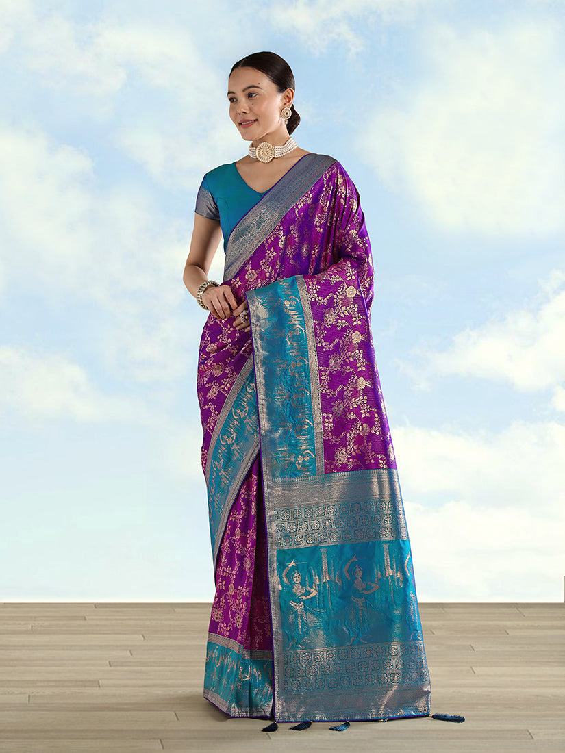 Purple Banarasi Silk saree with golden zari woven patterns, geometric shapes, and parrot motifs.