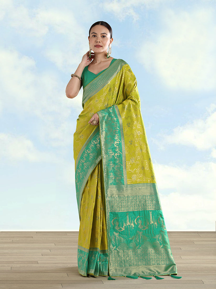 Pear Banarasi silk saree with gold zari woven border and zaal patterns