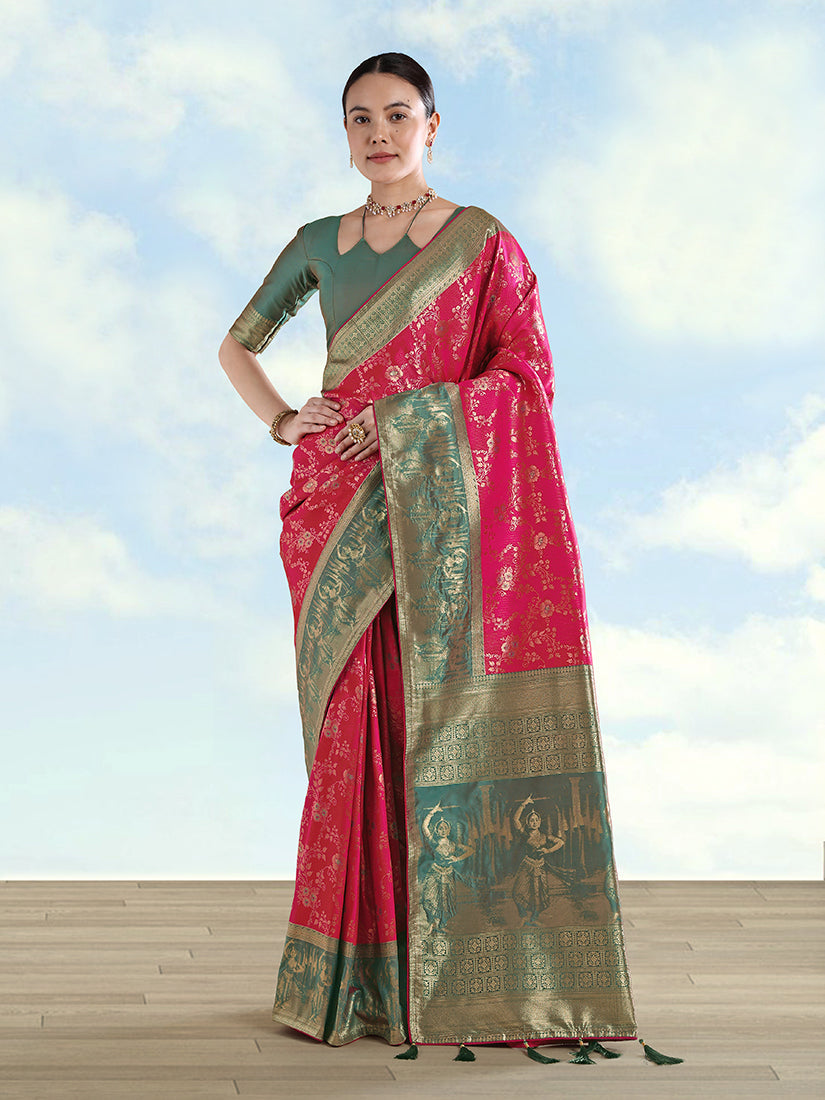 Rani Pink Banarasi silk saree with golden zari woven details