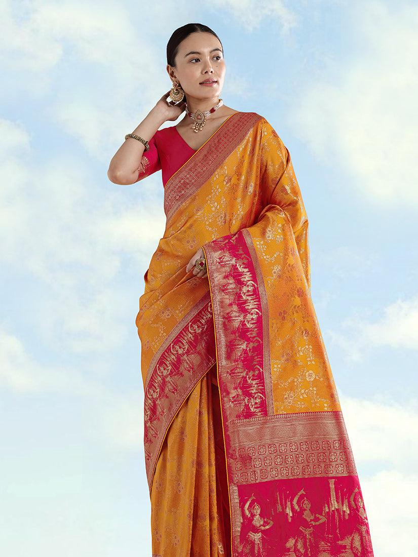 Orange Banarasi Silk Saree with Zari Woven Design