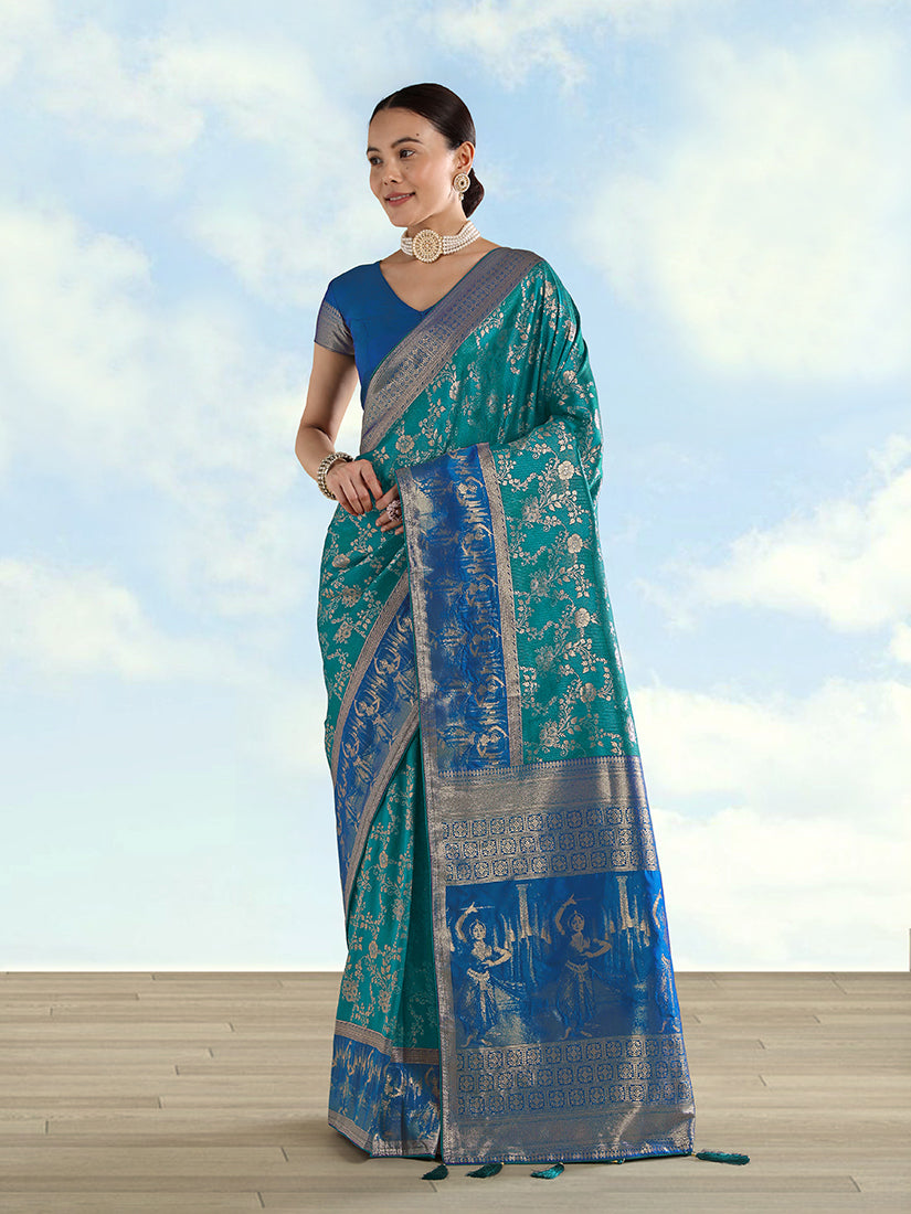 Turquoise Banarasi silk saree with traditional golden zari woven zaal patterns.