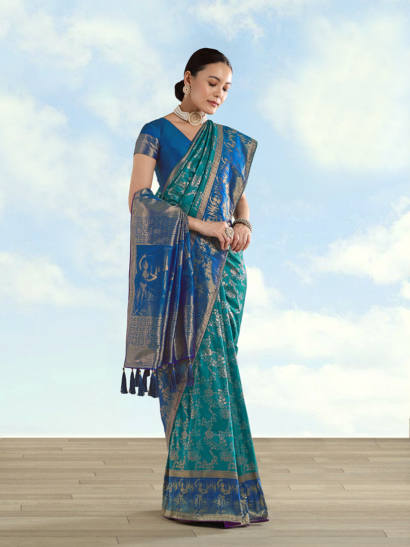 Turquoise Banarasi Silk Saree with Traditional Zari Woven Design