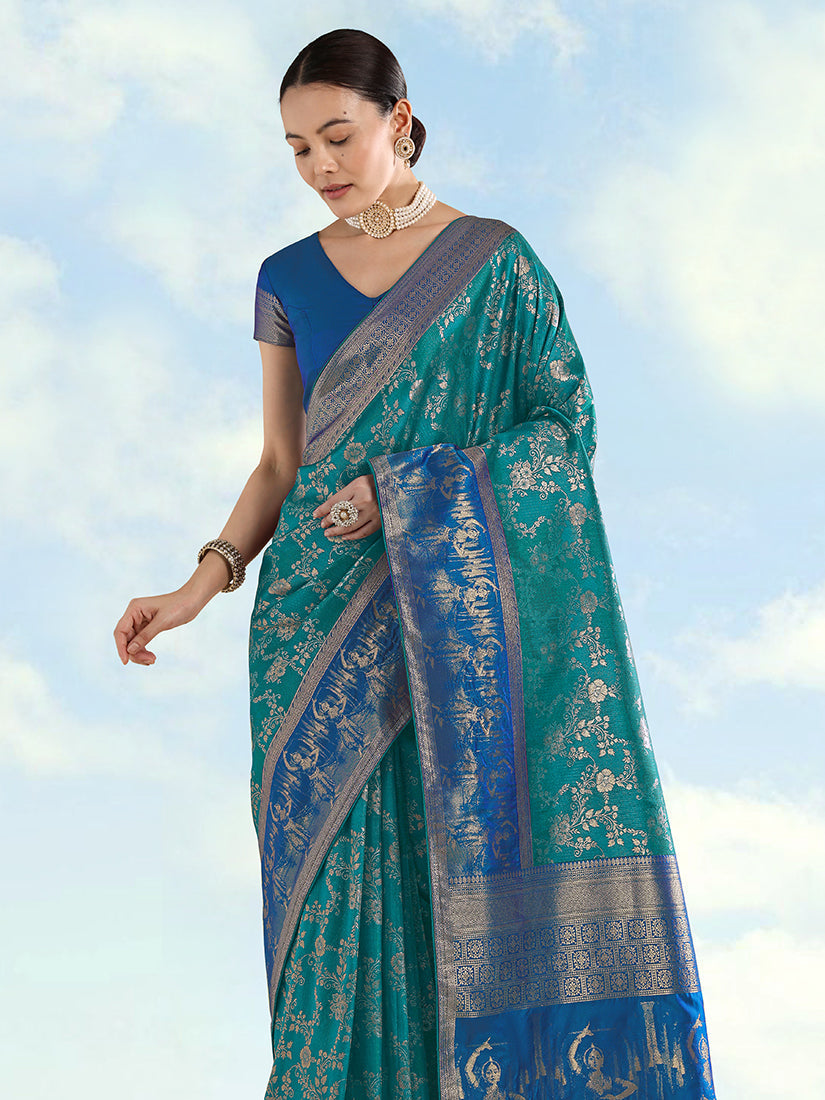 Turquoise Banarasi Silk Saree with Traditional Zari Woven Design