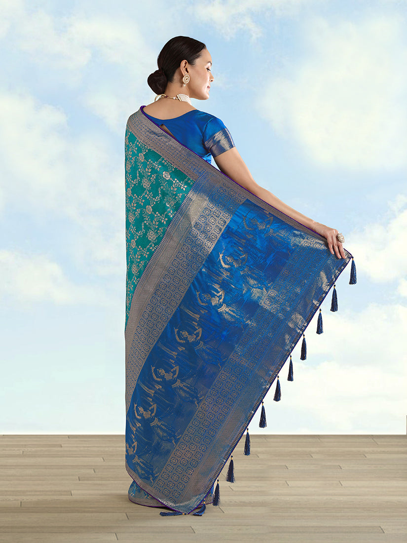 Turquoise Banarasi Silk Saree with Traditional Zari Woven Design