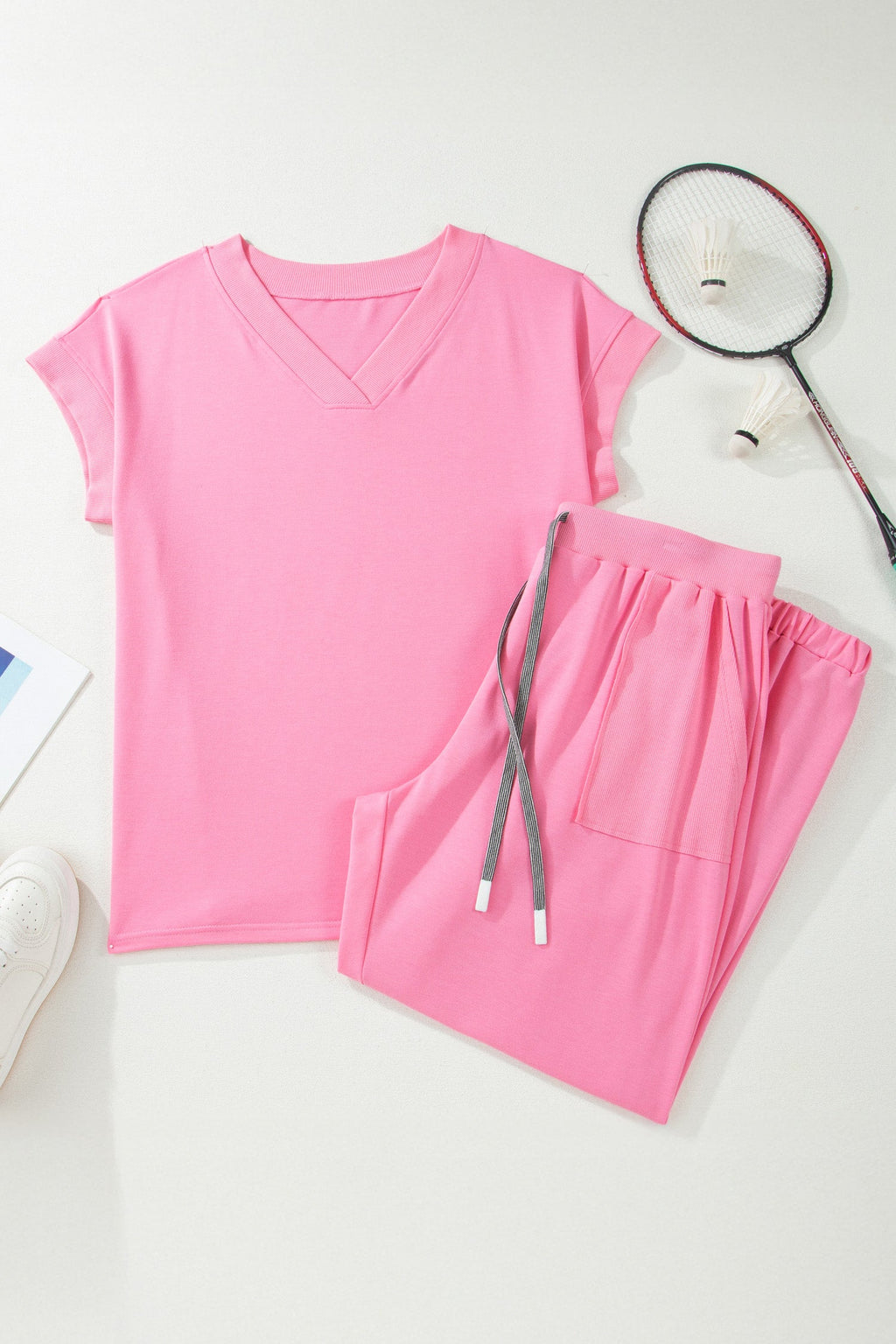 Solid V-Neck Tee and Drawstring Pants Loungewear Set