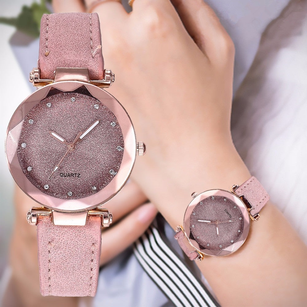Close-up of a Harajuku style women's rose gold quartz watch with a pink leather strap and sparkling rhinestone dial, alongside a model wearing it on her wrist, and a separate view of the green version.