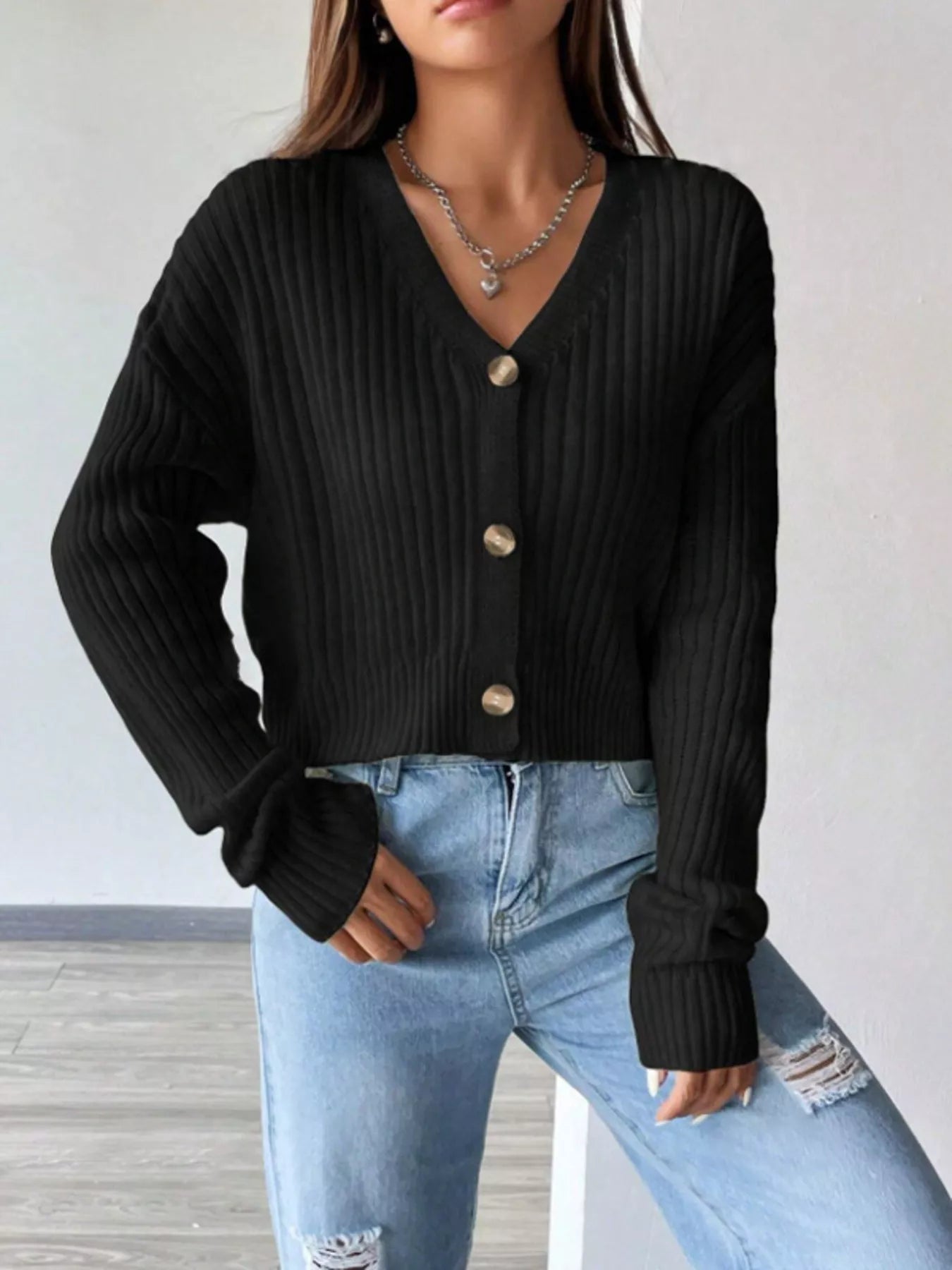 White Ribbed V-Neck Button-Up Cropped Cardigan Sweater - Image 5