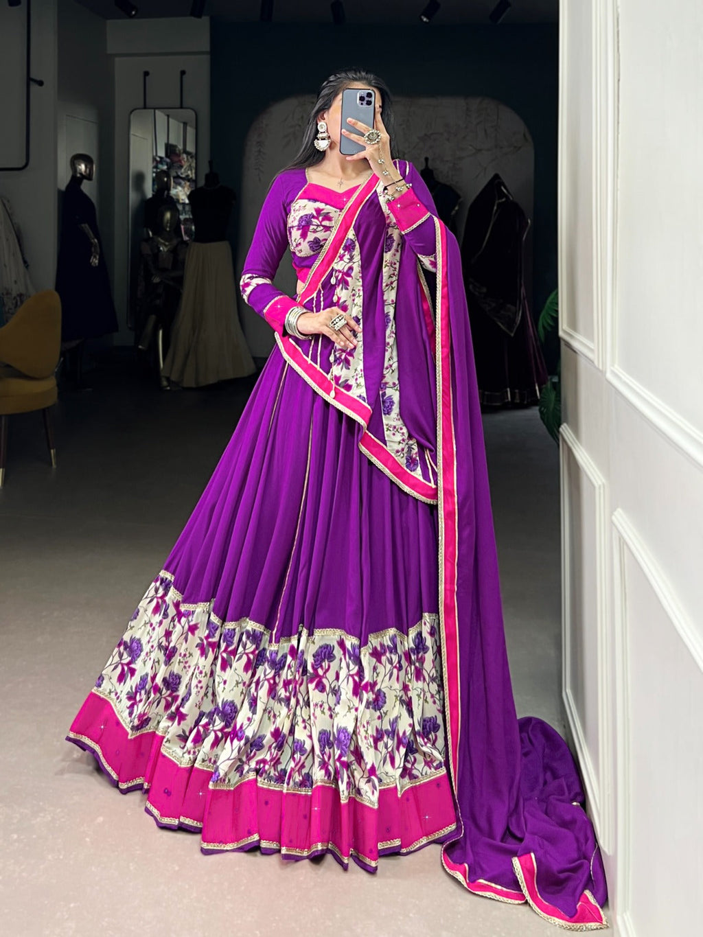 Purple printed rayon lehenga choli with authentic mirror work and lace details