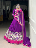 Purple printed rayon lehenga choli with authentic mirror work and lace details