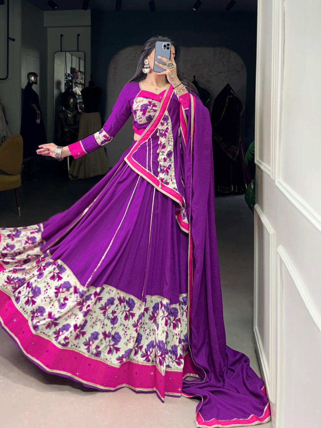 Purple Rayon Printed Lehenga Choli with Mirror Hand Work