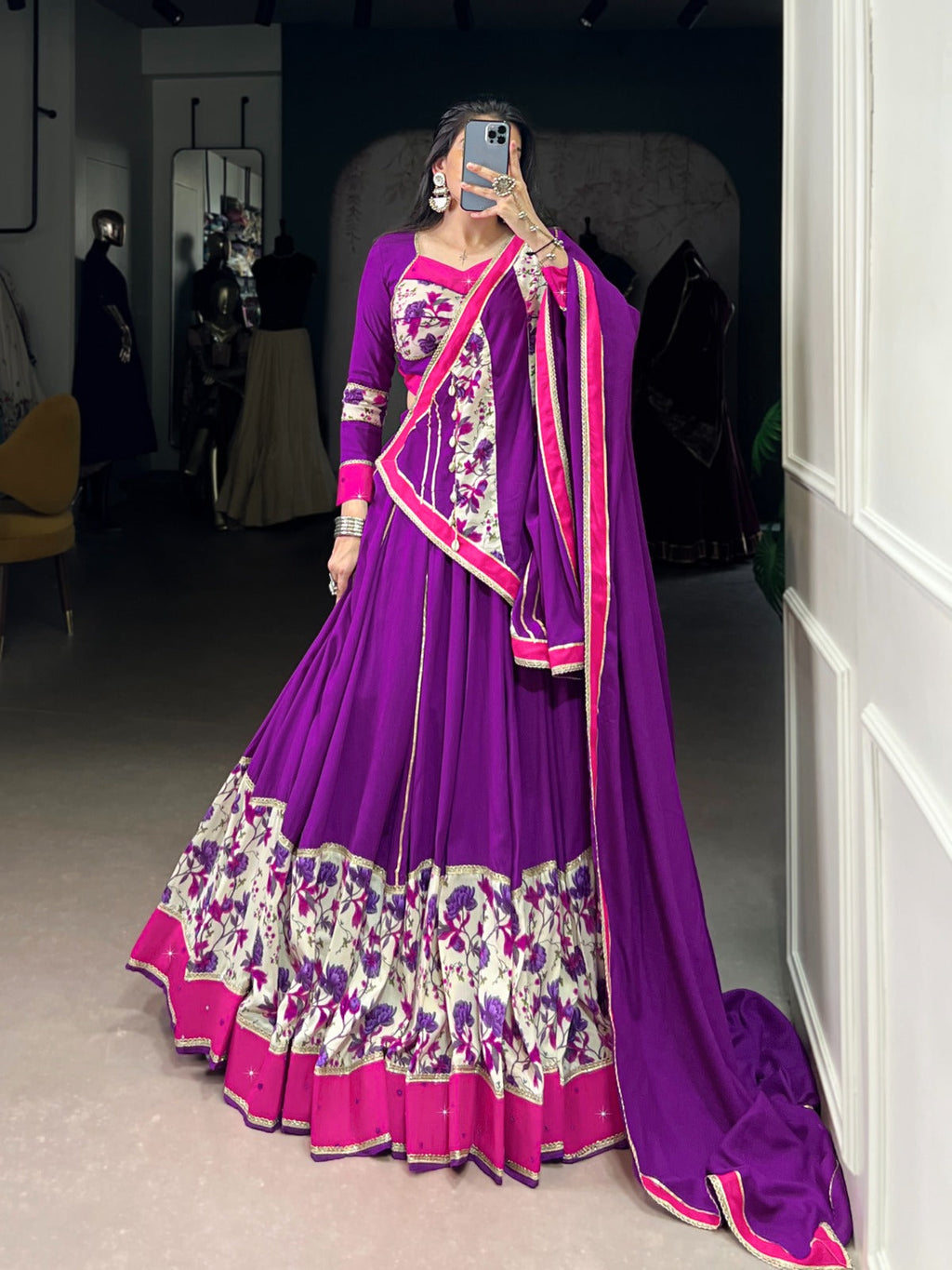 Purple Rayon Printed Lehenga Choli with Mirror Hand Work