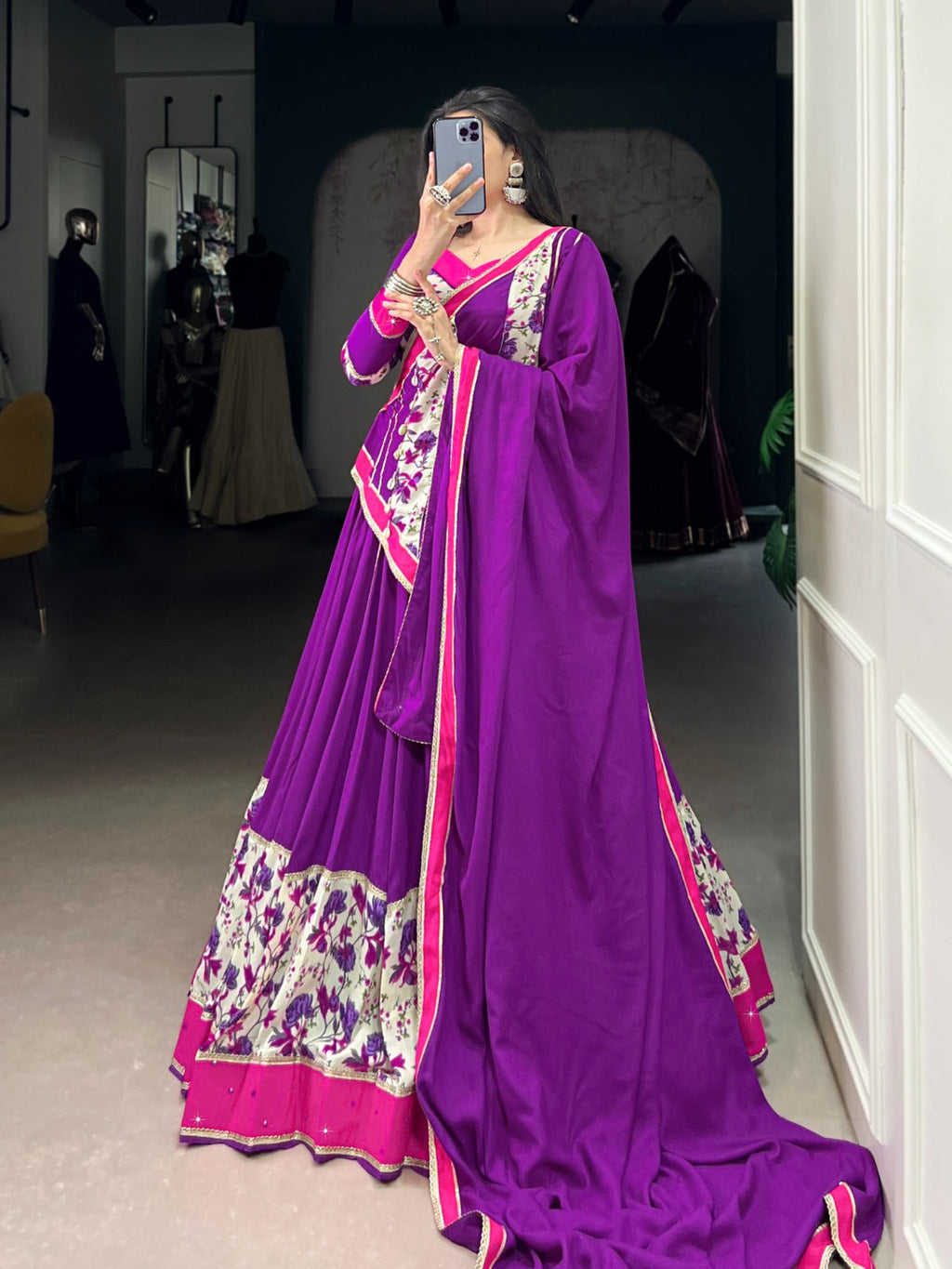 Purple Rayon Printed Lehenga Choli with Mirror Hand Work