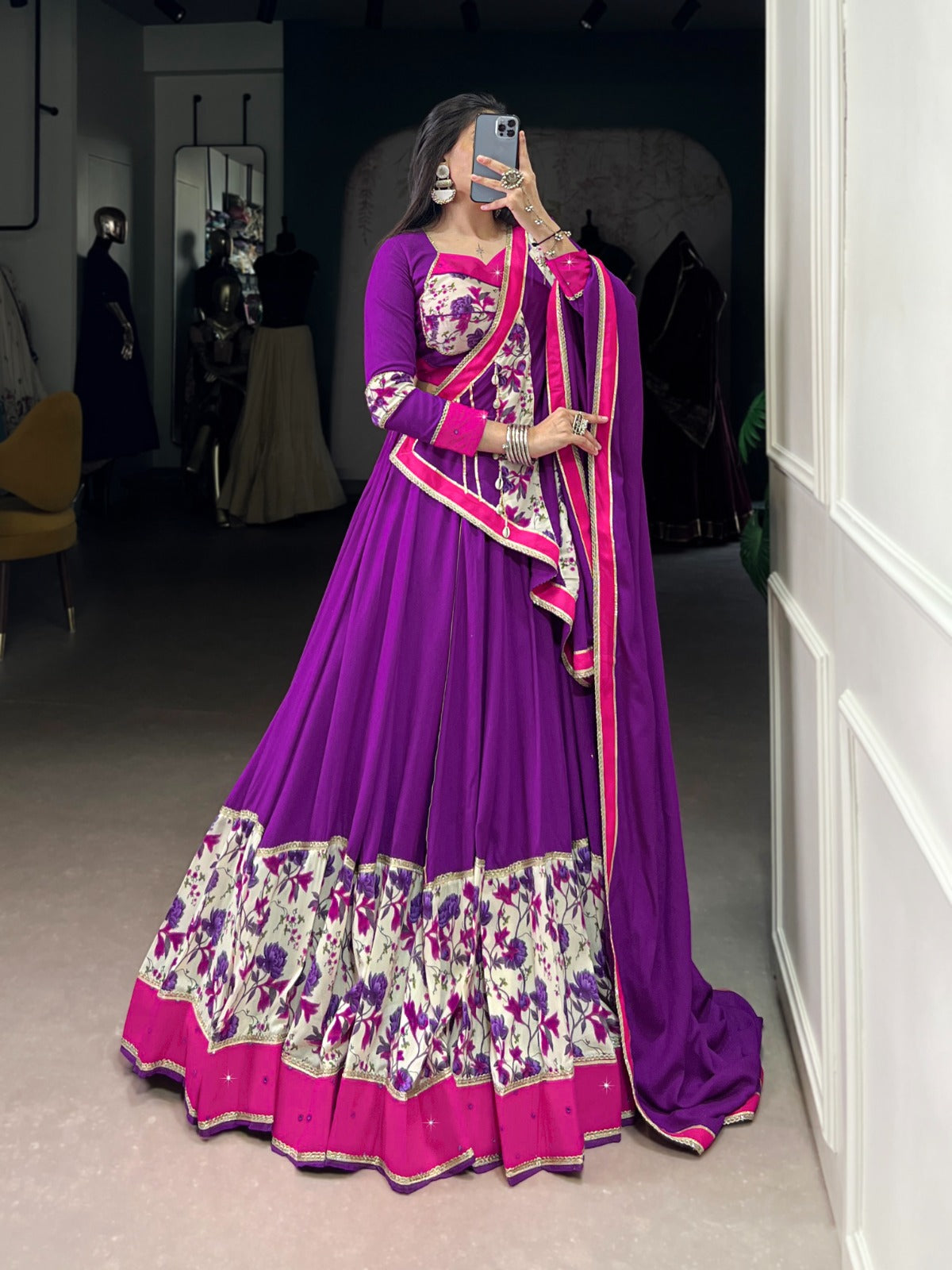 Purple Rayon Printed Lehenga Choli with Mirror Hand Work