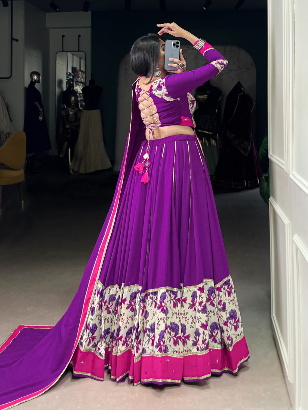 Purple Rayon Printed Lehenga Choli with Mirror Hand Work