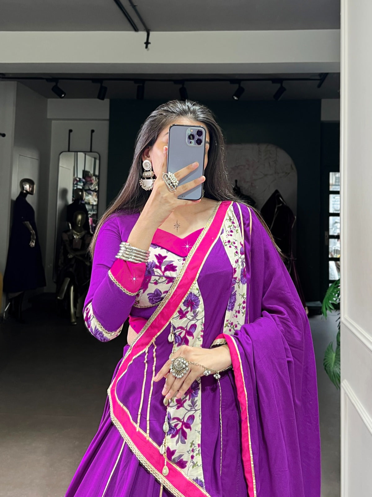 Purple Rayon Printed Lehenga Choli with Mirror Hand Work