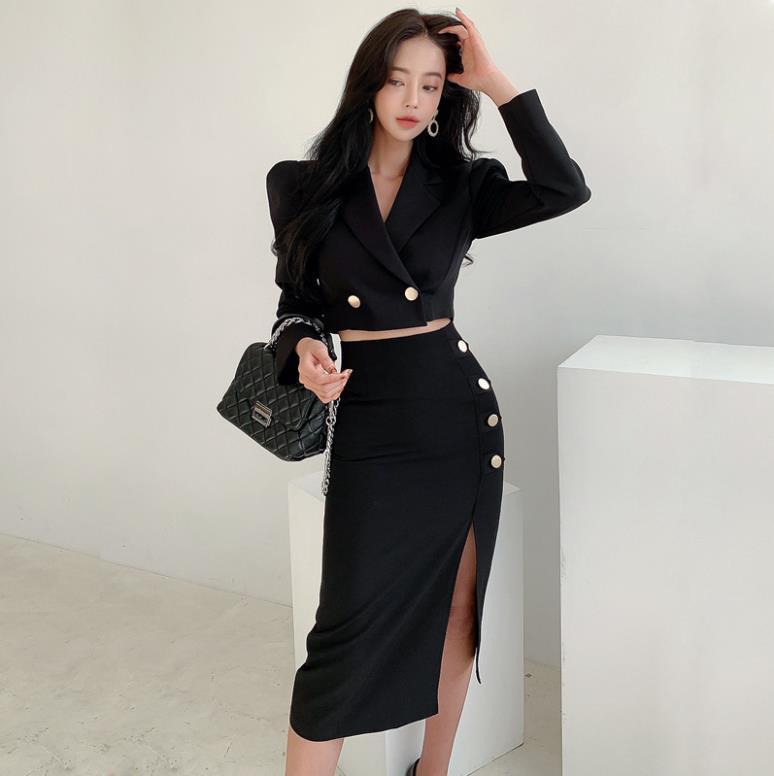 Women's Black Midi Coat Skirt Suit High Waist Slimming Professional