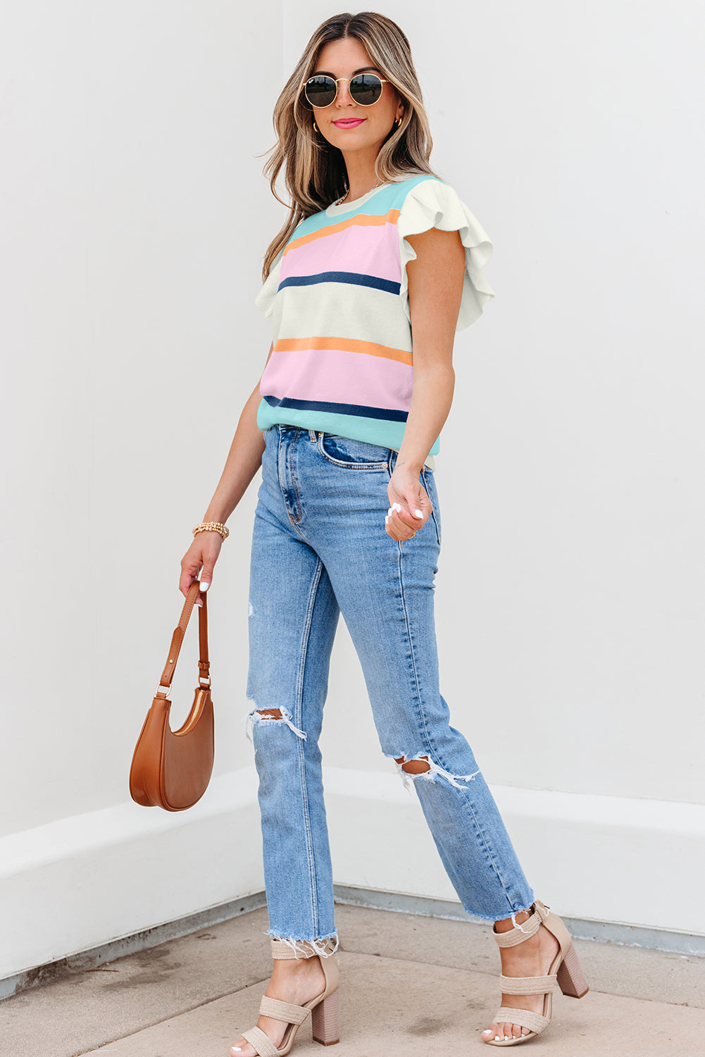 Yasmin Striped Flutter Sleeve Patchwork Knit Top - Image 3