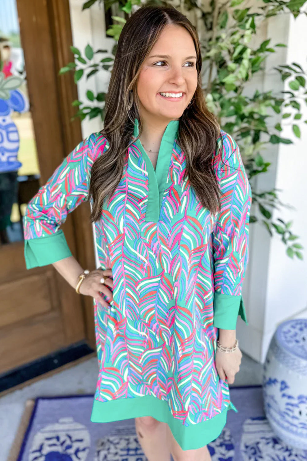 Green Abstract Print Split Neck Shift Dress | Cotton Mini