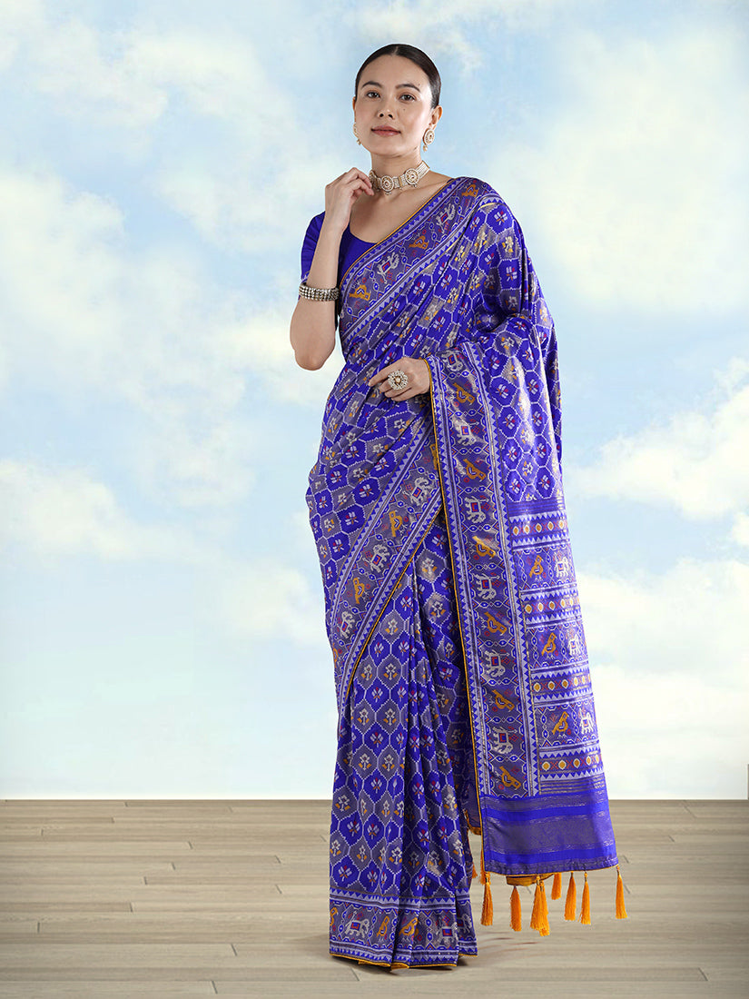 Navy Blue Satin Silk Saree With Patola Work and Elephant Motifs
