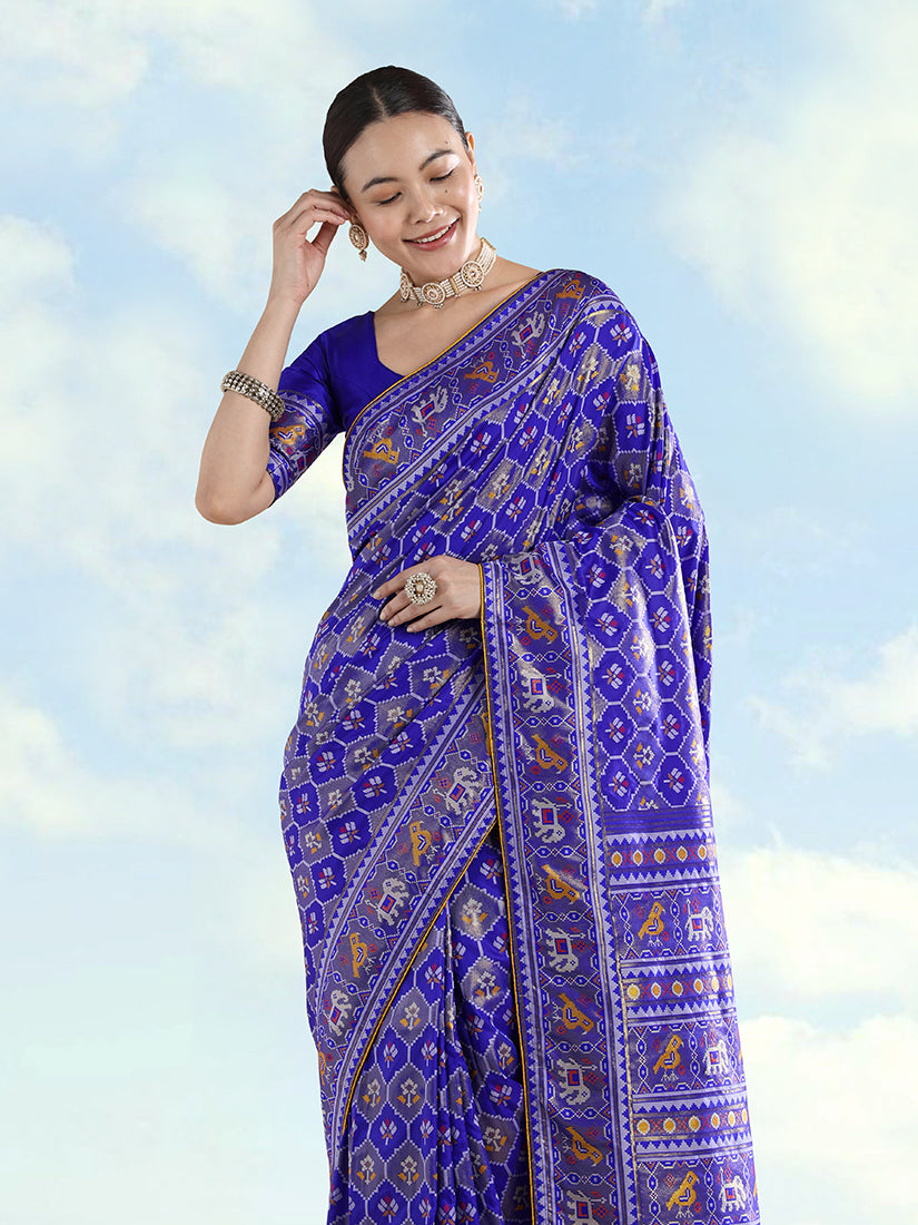 Navy Blue Satin Silk Saree With Patola Work and Elephant Motifs