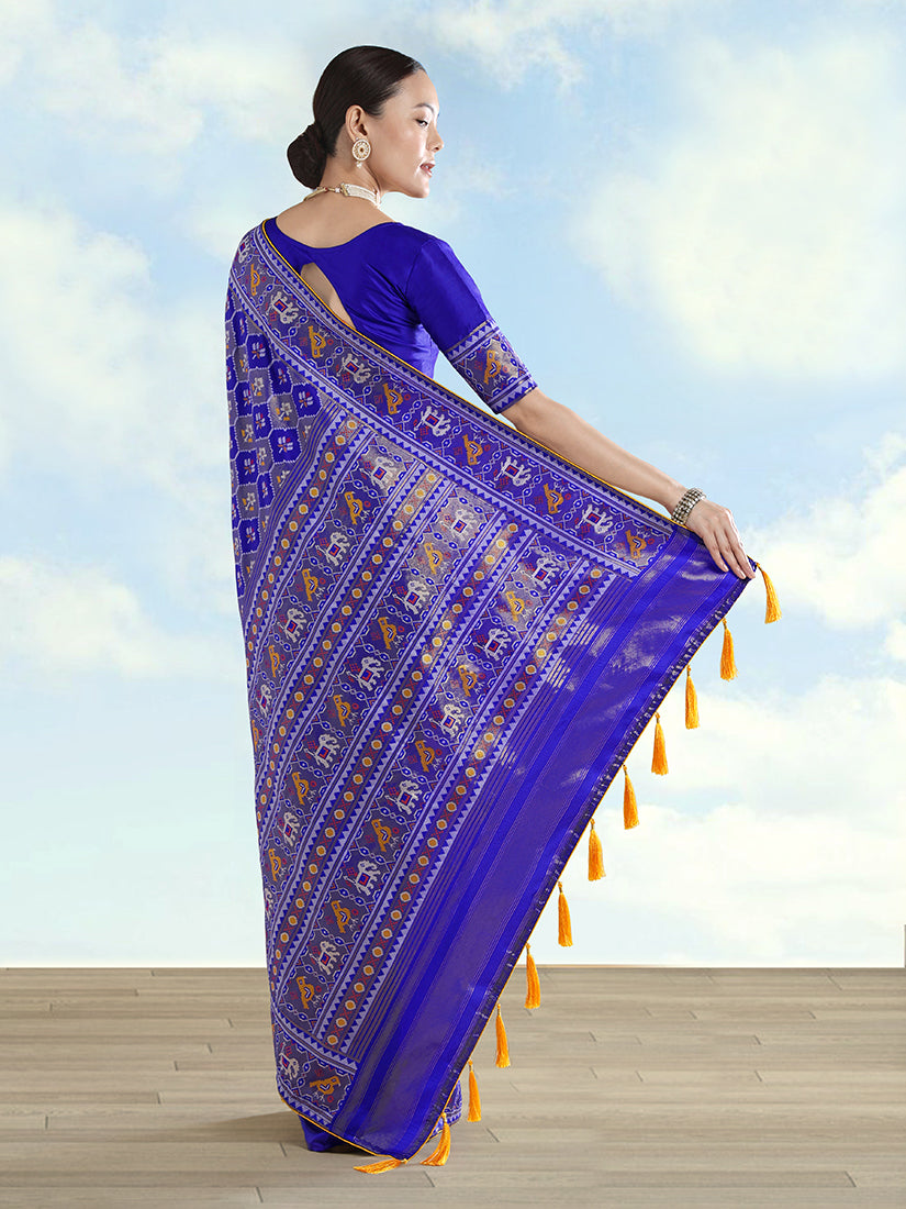 Navy Blue Satin Silk Saree With Patola Work and Elephant Motifs