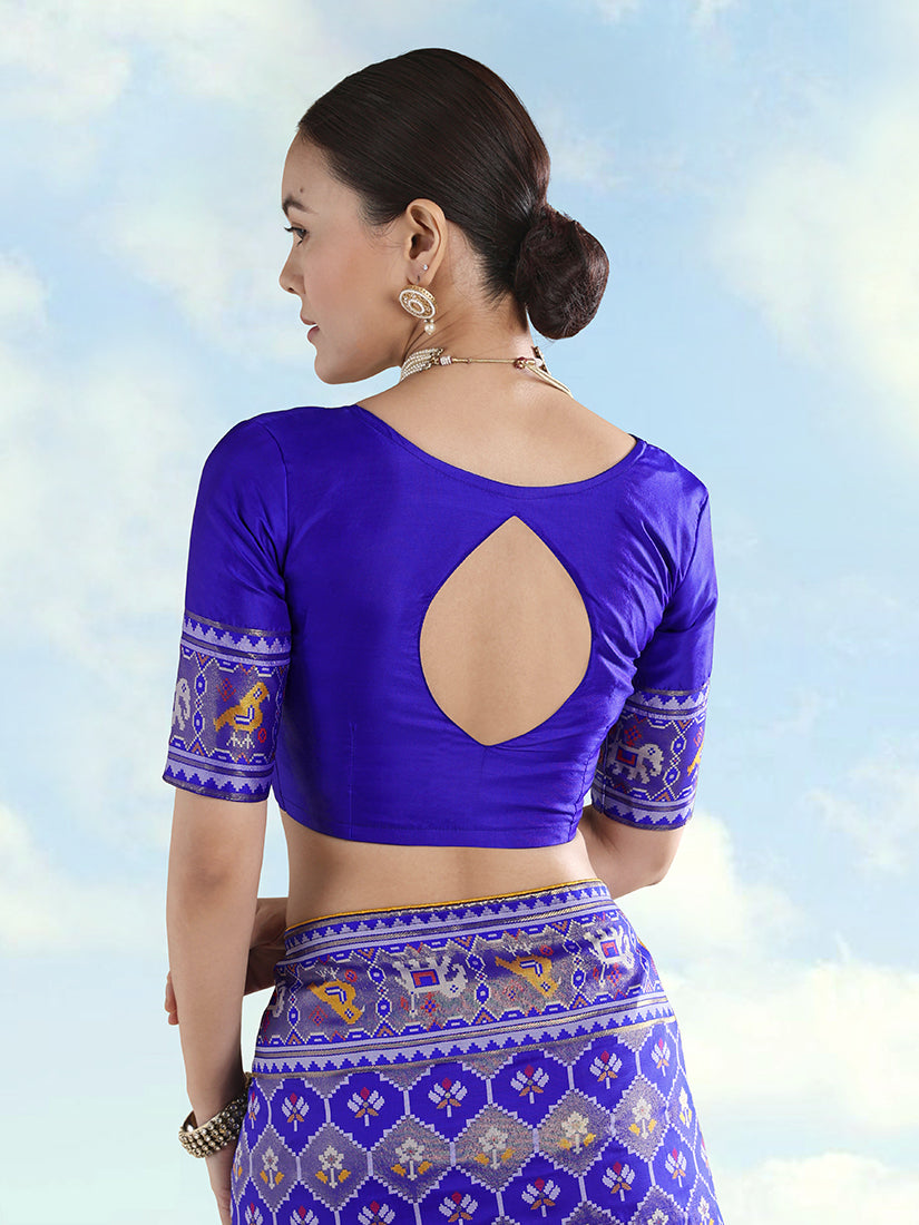 Navy Blue Satin Silk Saree With Patola Work and Elephant Motifs