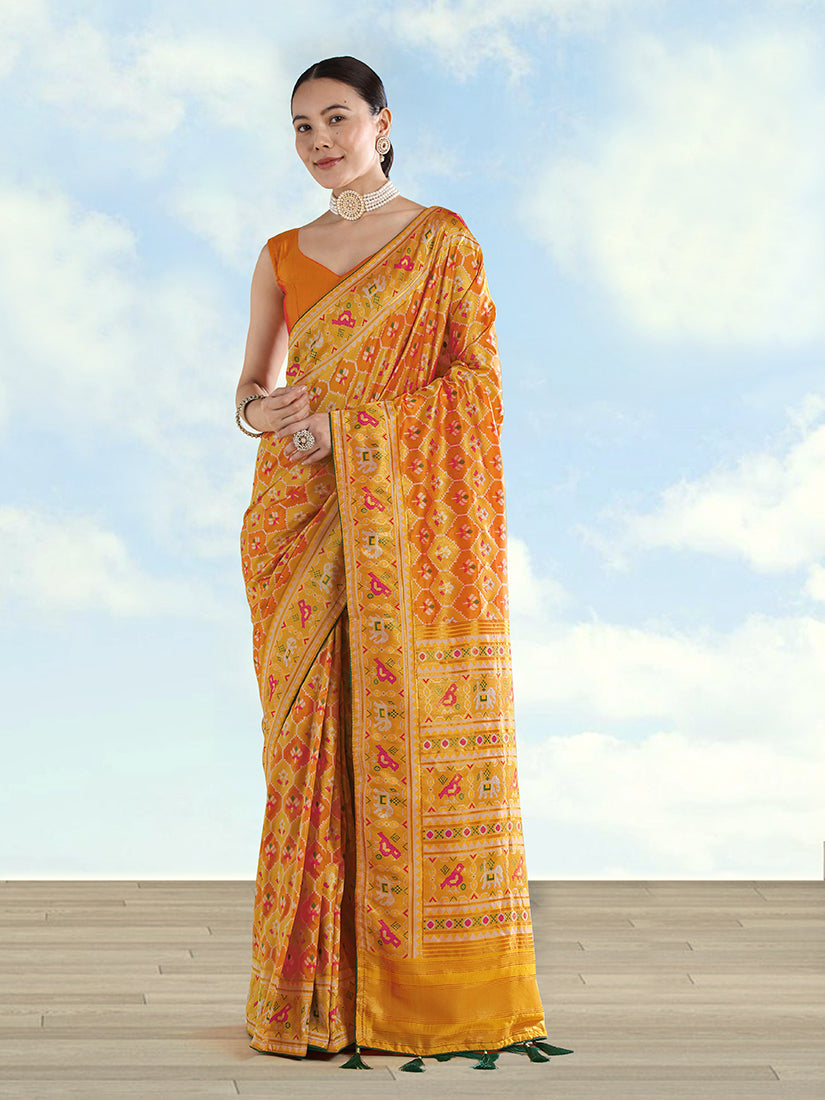 Mustard Satin Silk Saree with Patola Work and Elephant Motifs