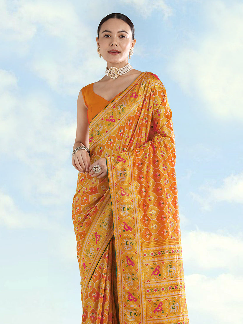 Mustard Satin Silk Saree with Patola Work and Elephant Motifs