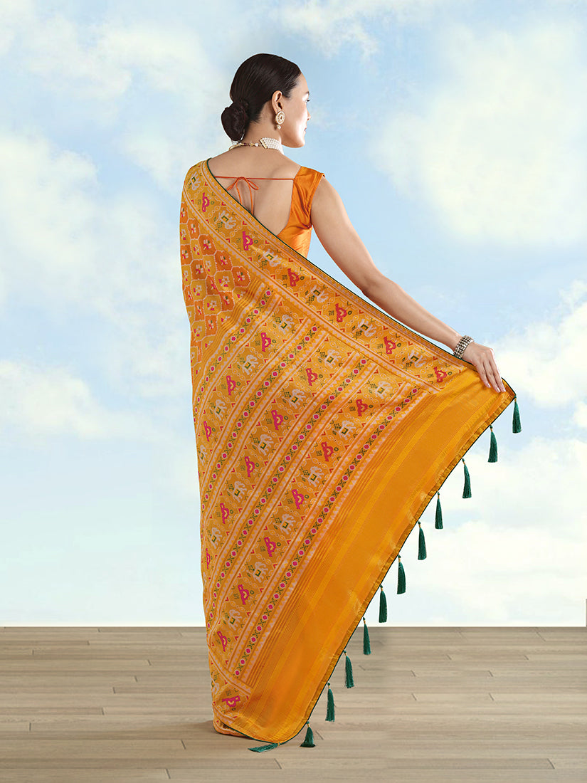 Mustard Satin Silk Saree with Patola Work and Elephant Motifs