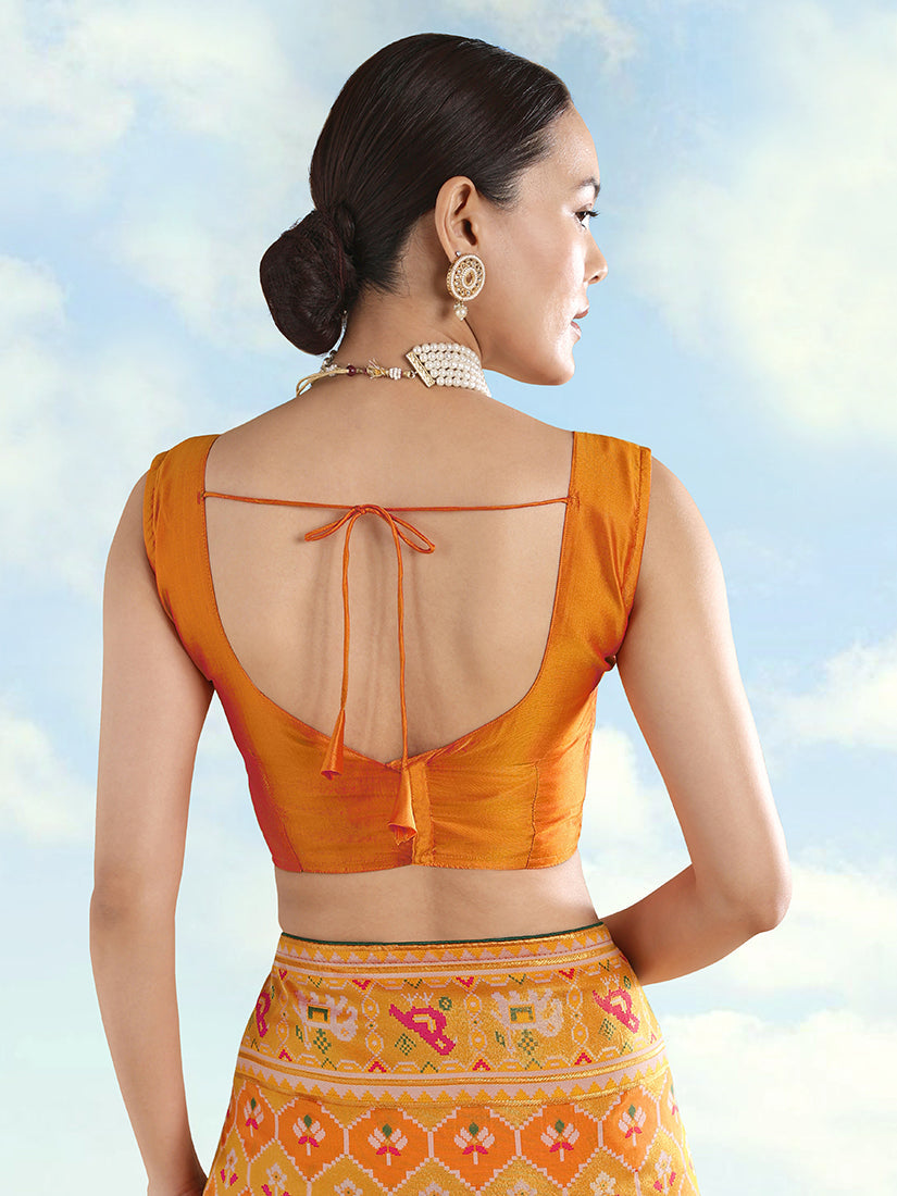 Mustard Satin Silk Saree with Patola Work and Elephant Motifs