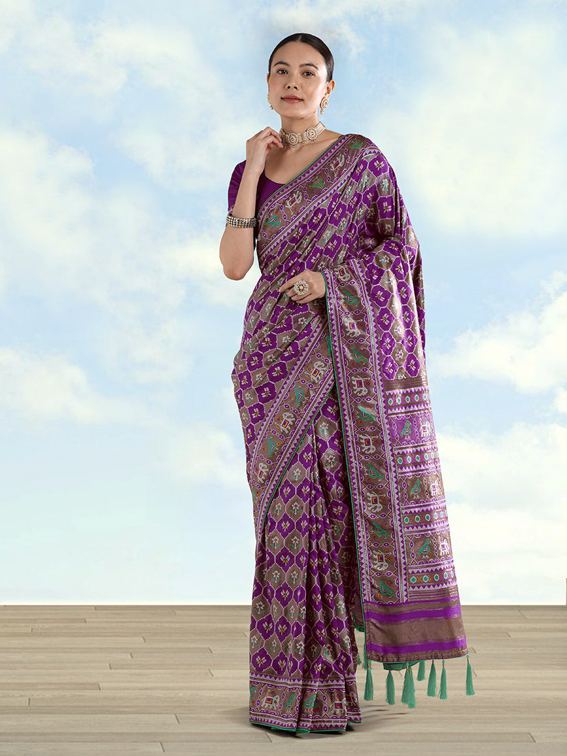 Purple Banarasi satin silk saree with traditional elephant motifs and zari patola work