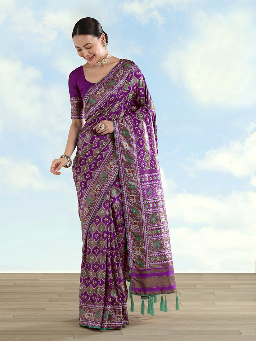 Purple Banarasi Satin Silk Saree with Patola Work and Elephant Motifs