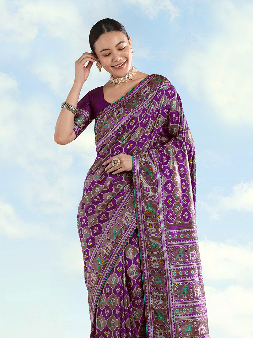 Purple Banarasi Satin Silk Saree with Patola Work and Elephant Motifs