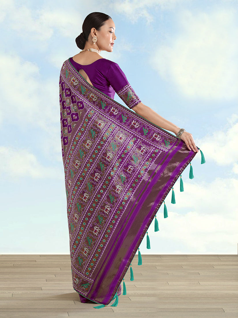 Purple Banarasi Satin Silk Saree with Patola Work and Elephant Motifs