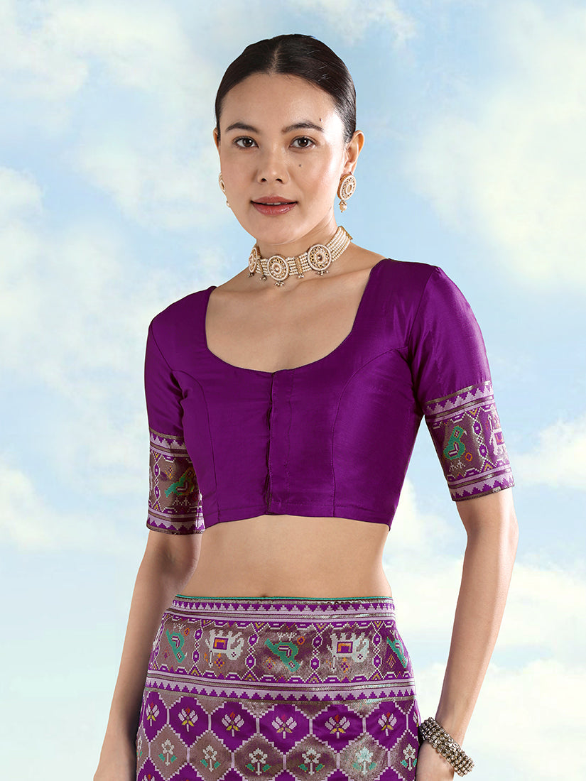 Purple Banarasi Satin Silk Saree with Patola Work and Elephant Motifs