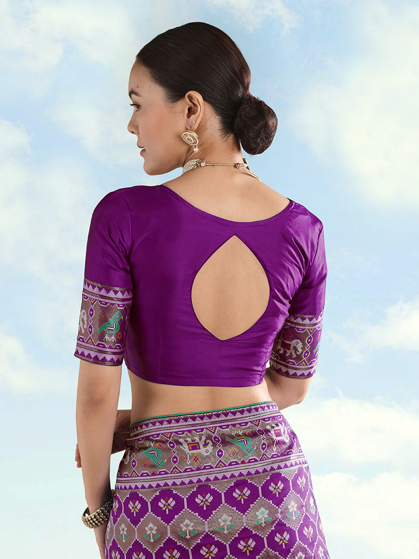 Purple Banarasi Satin Silk Saree with Patola Work and Elephant Motifs