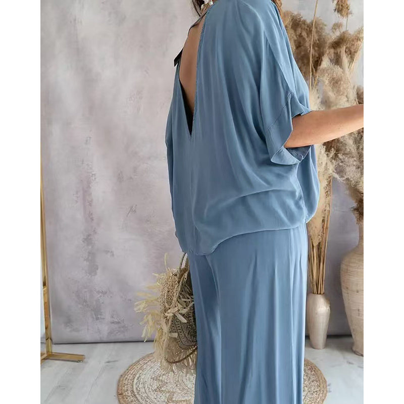 Women’s Two-Piece Lounge Set with Wide Leg Pants in Vibrant Orange - Image 3